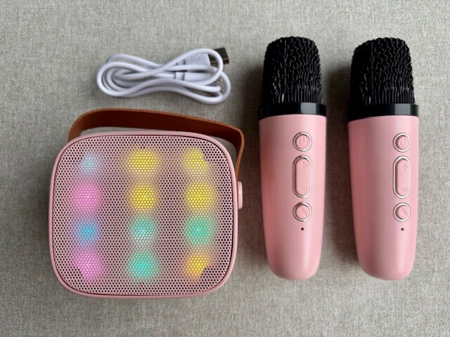 Pink mini karaoke machine with two microphones