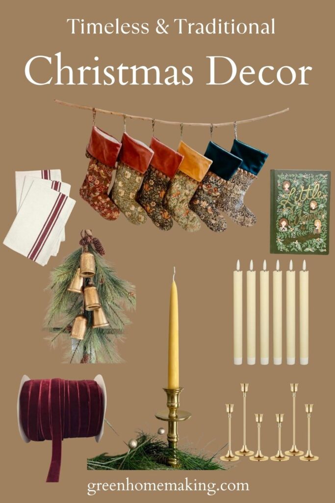 Timeless & Traditional Christmas Decor Ideas - featuring William Morris print stockings, gold bells, candles and candlestick holders and velvet ribbon.