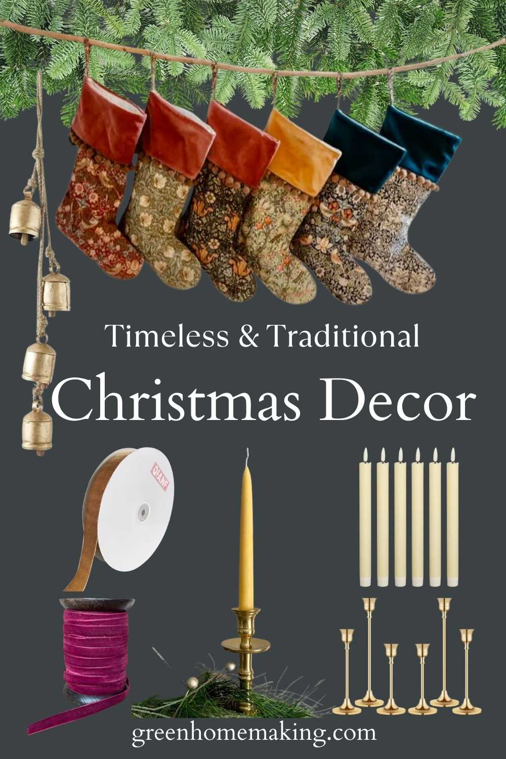 Timeless & Traditional Christmas Decor Ideas - featuring William Morris print stockings, gold bells, candles and candlestick holders and velvet ribbon.