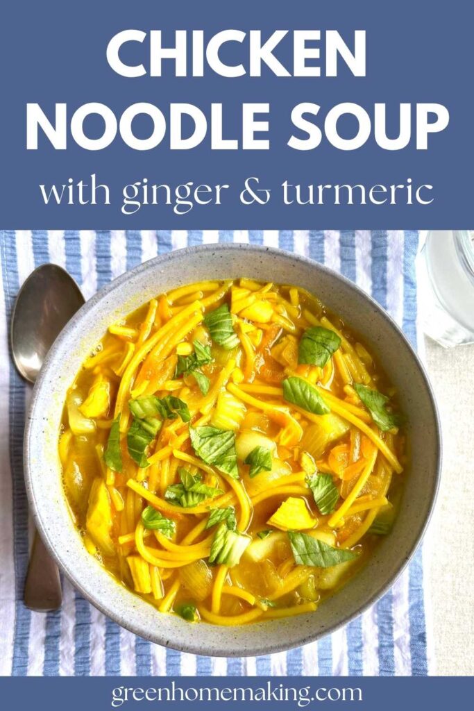 Ginger & Turmeric Chicken Noodle Soup in bowl with blue and white striped tea towel underneath.