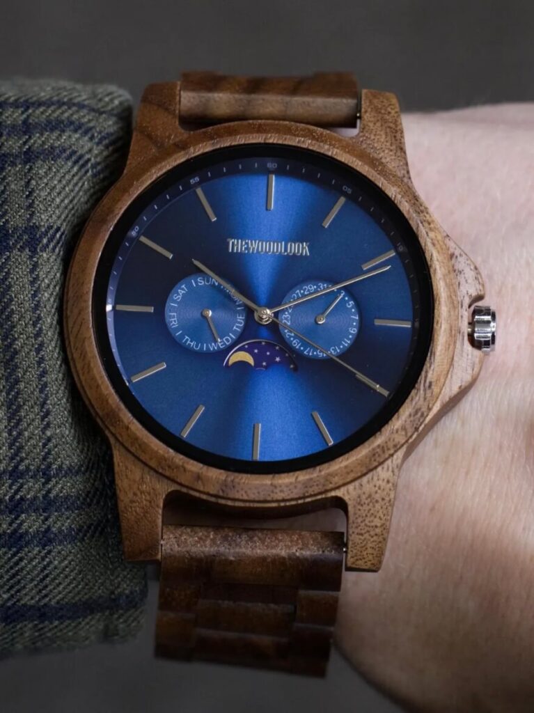 Mens wooden watch with blue face made by TheWoodLookGifts