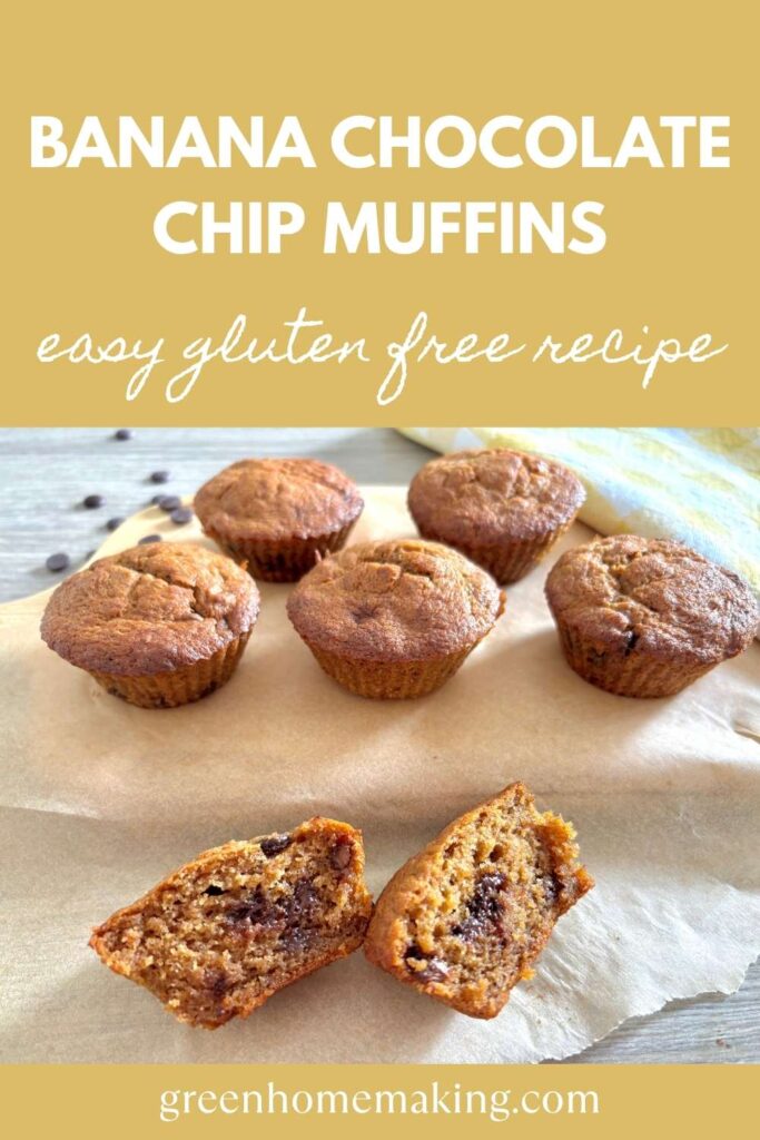 Banana Chocolate Chip Muffins - easy gluten free recipe. 6 muffins on parchment paper, one cut in half.