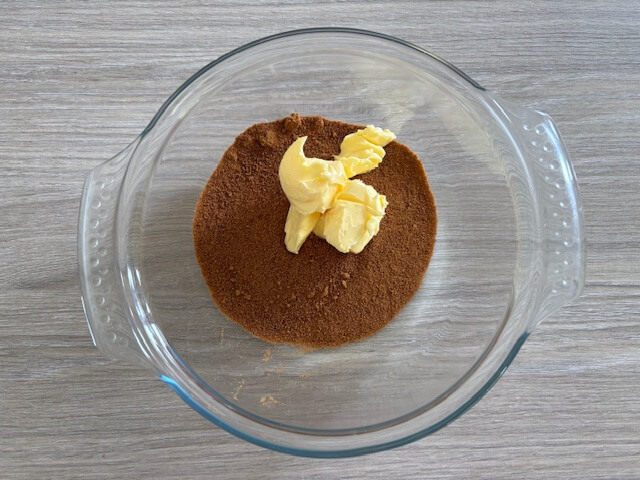 Coconut sugar and butter in mixing bowl