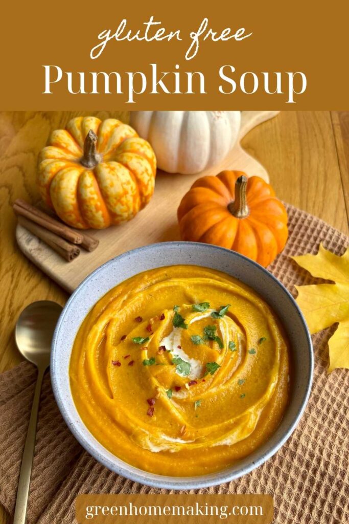 Pumpkin Soup in a bowl on top of a brown waffle tea towel with 3 small pumpkins and 3 cinnamon sticks next to it.