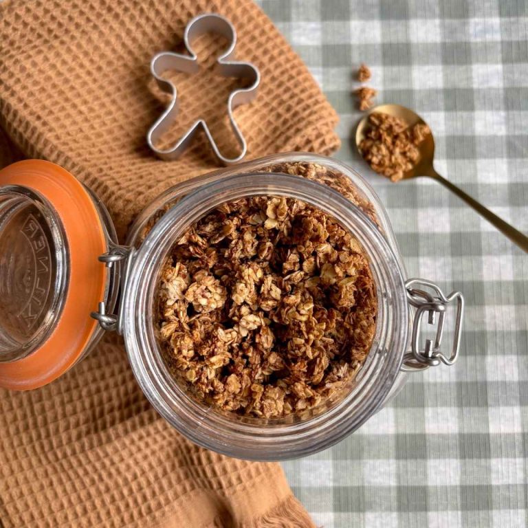 Gingerbread Granola in a glass jar