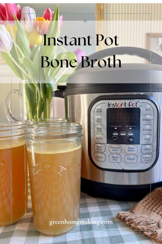 Instant Pot next to 3 glass jars filled with Bone Broth