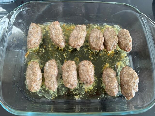 Lamb koftas in dish after 20 mins in oven